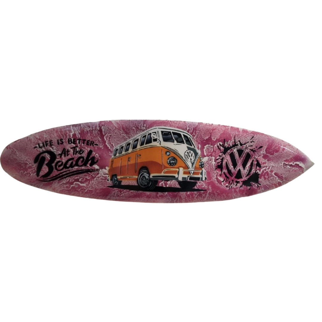 Surfboard with a vintage van design and 'Life is Better at the Beach' text on a pink background