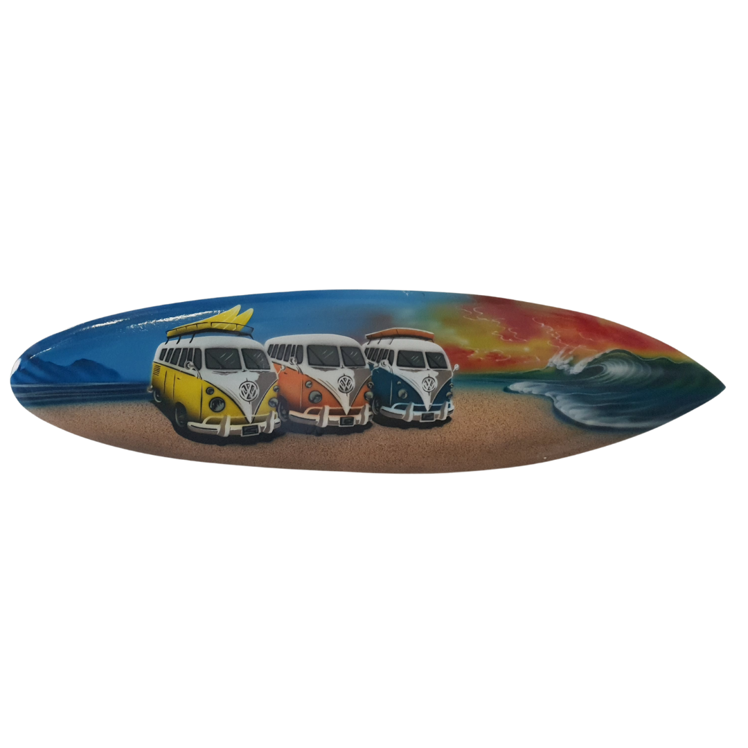 Decorative wall art with three vintage vans on a beach scene background