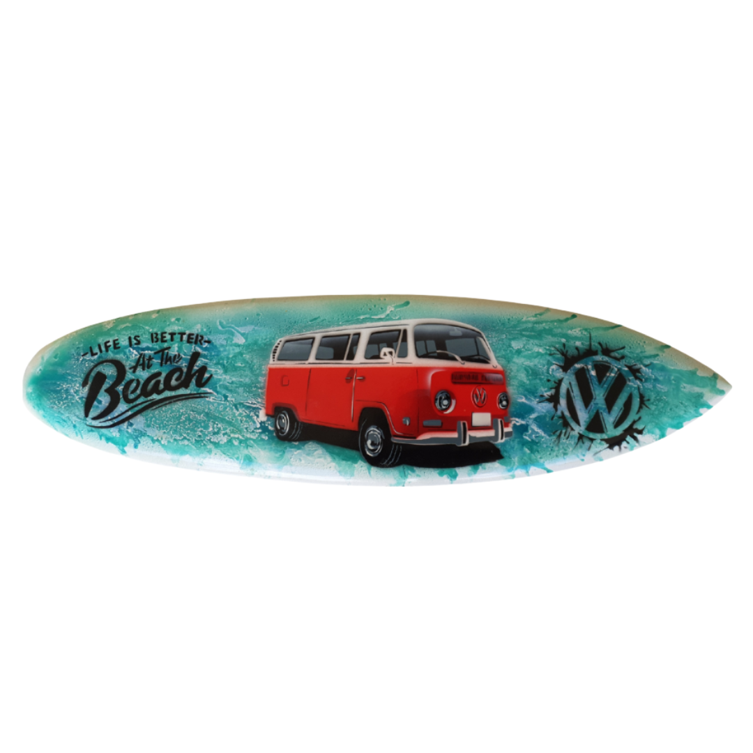 Surfboard with a vintage van design and 'Life is Better at the Beach' text on a turquoise background