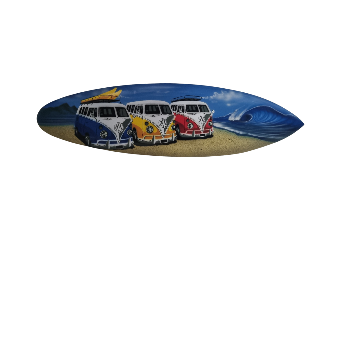 Decorative wall art with three vintage vans on a beach scene background