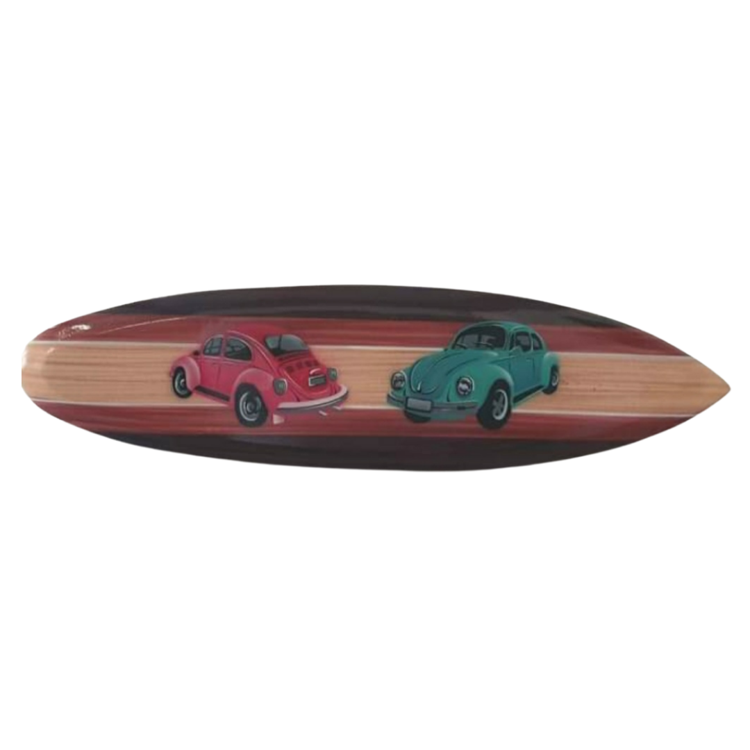 Wooden surfboard with two vintage VW car designs on a white background