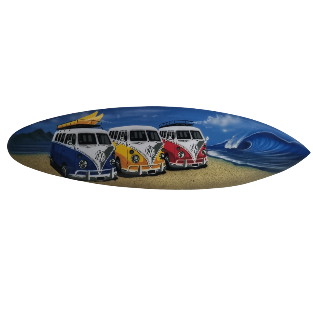 Decorative surfboard with three colorful vans on a beach scene