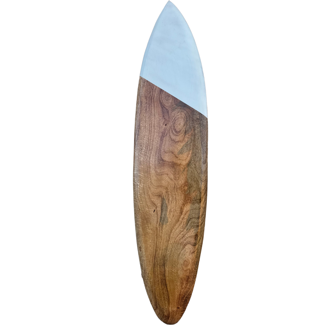 Handcrafted wooden surfboard wall art with white stripe, natural timber grain, white background
