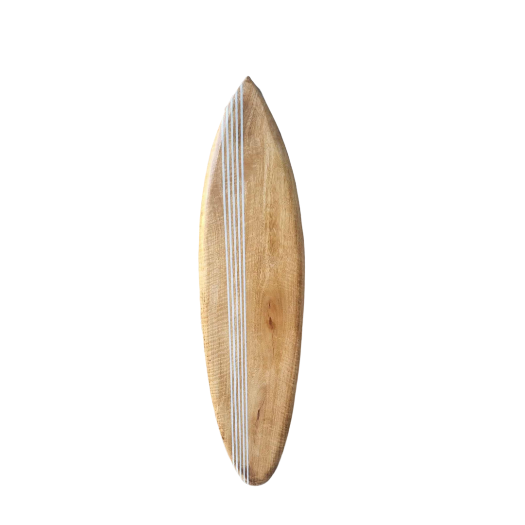 Wooden SURFboard with striped pattern on a white background