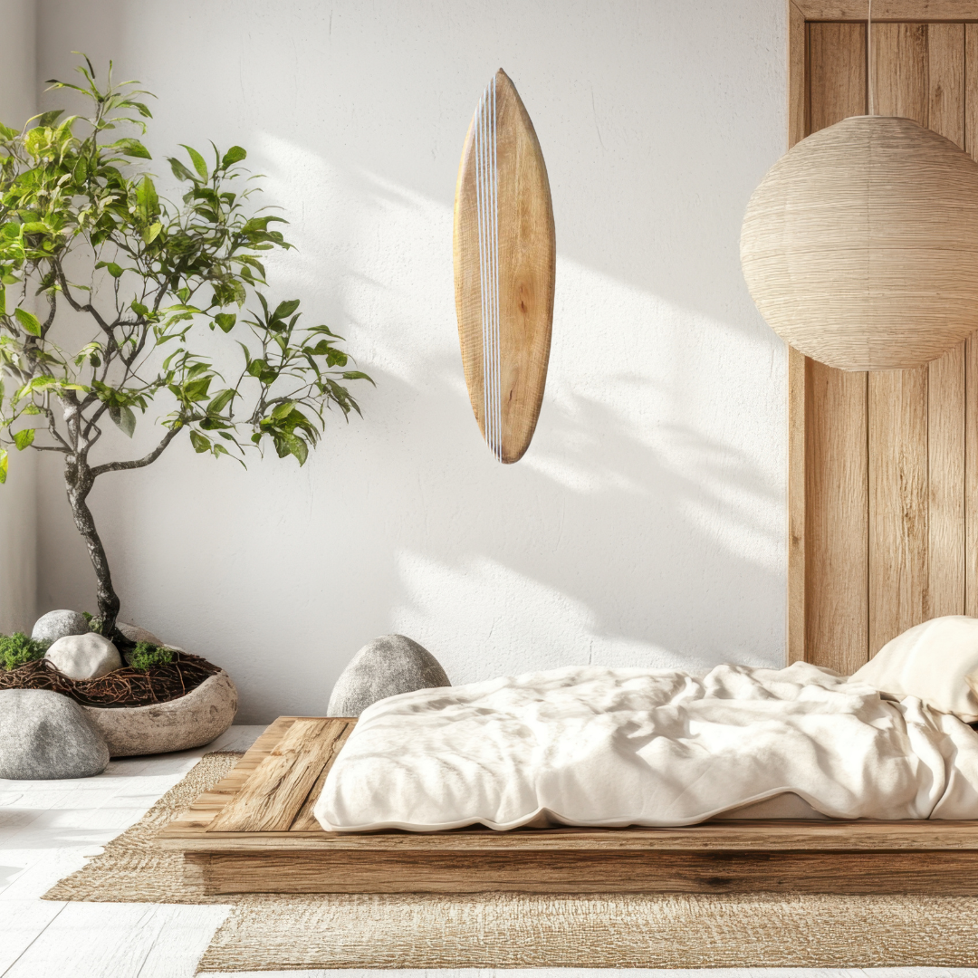 Minimalist bedroom with wooden bed, surfboard, and plant