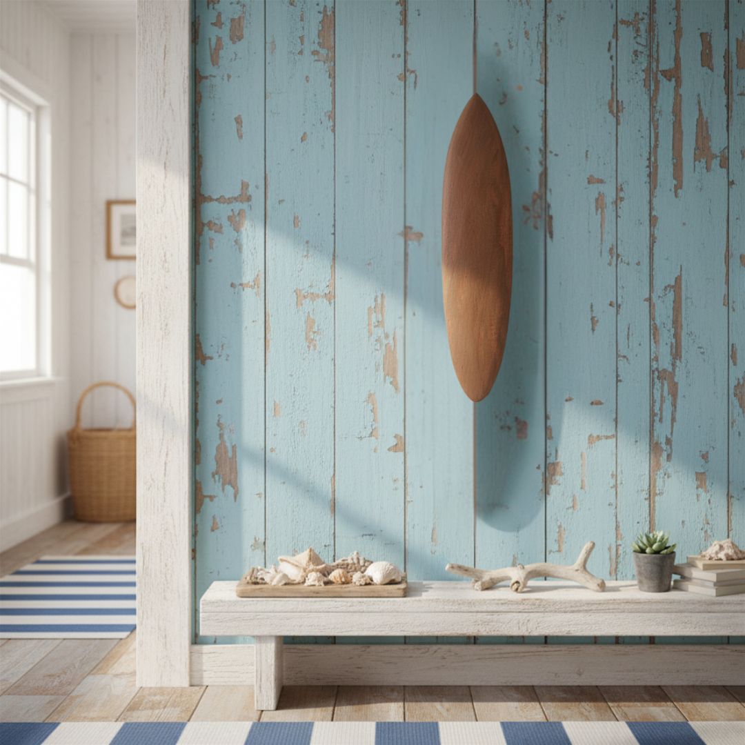 Natural timber board hung on a weathered pale blue painted timber wall above a whitewashed bench styled with shells, driftwood, and a small succulent