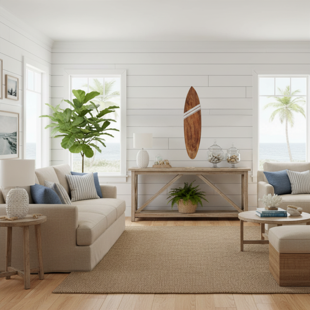 Coastal living room with white shiplap walls, cream sofas with blue cushions, wooden board mounted above a console table, fiddle leaf fig plant, and ocean views through the windows