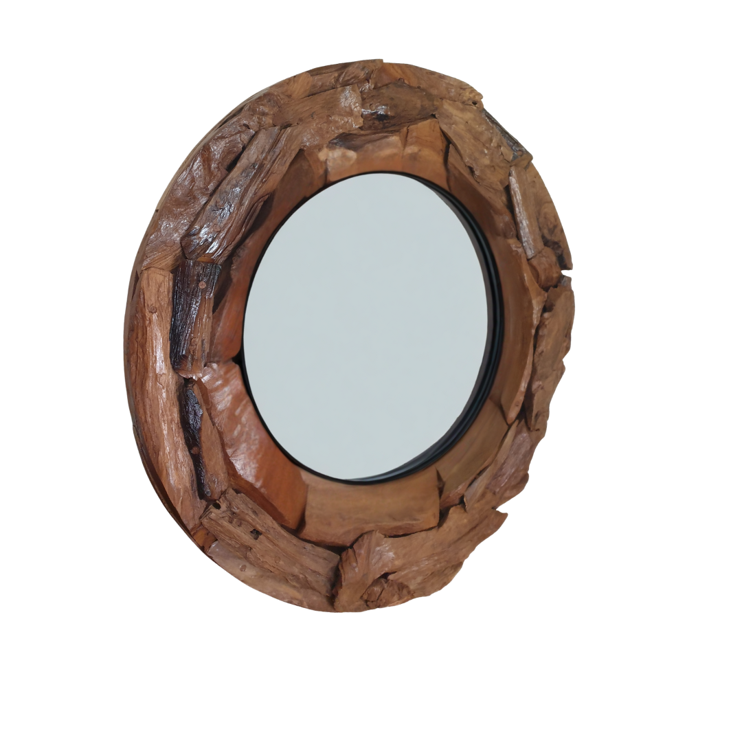TEAK WOOD Round mirror with a wooden frame on a white background