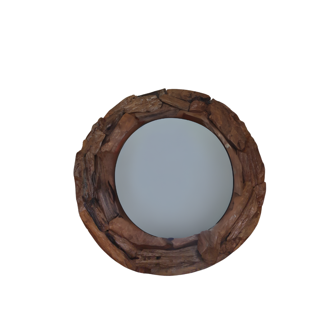 TEAK WOOD Round mirror with a wooden frame on a white background  