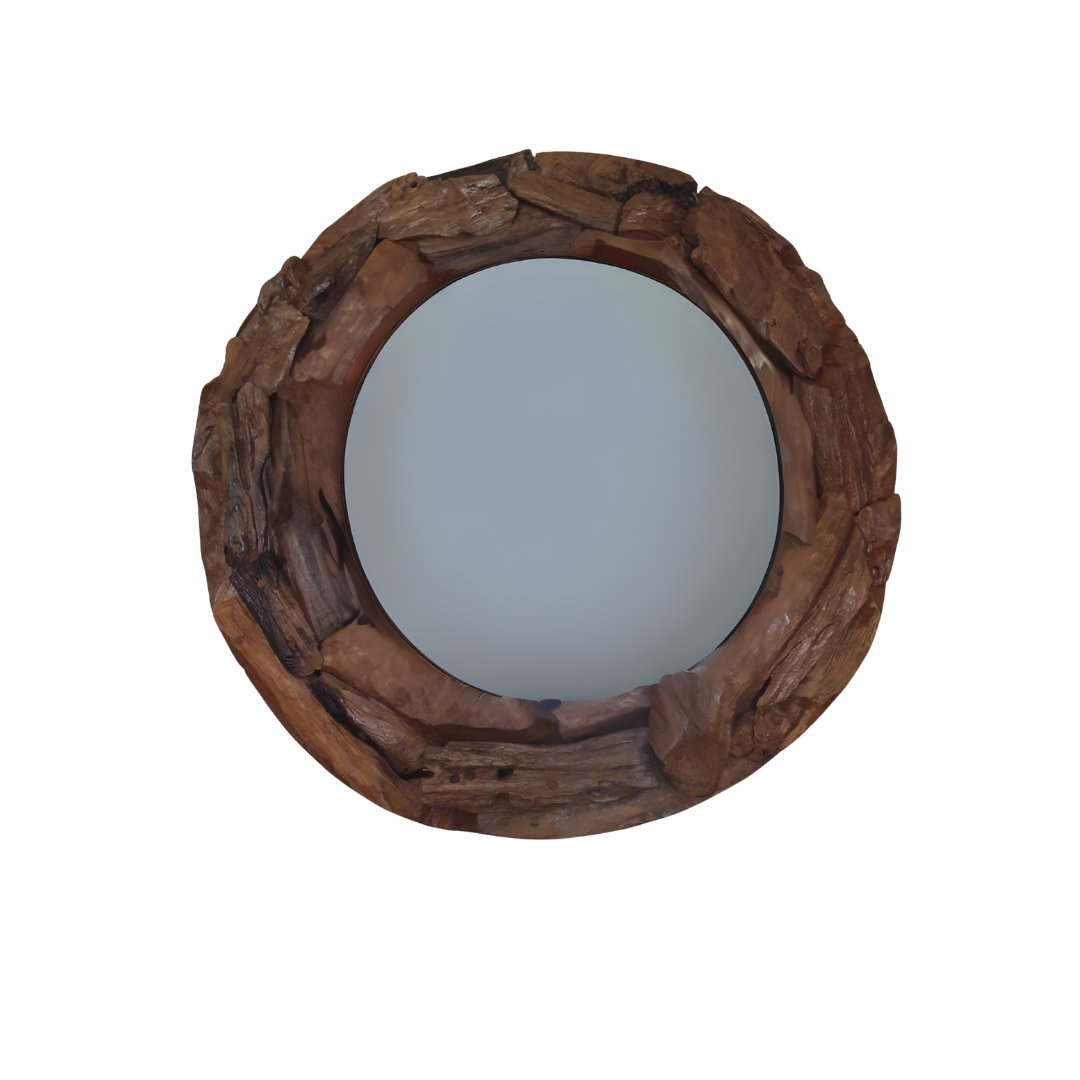 TEAK WOOD Round mirror with a wooden frame on a white background