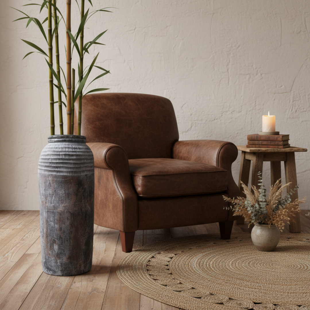 Tall rustic textured floor vase in aged charcoal and brown tones with bamboo stems, styled as hero piece beside a leather armchair on a timber floor in a warm rustic living room