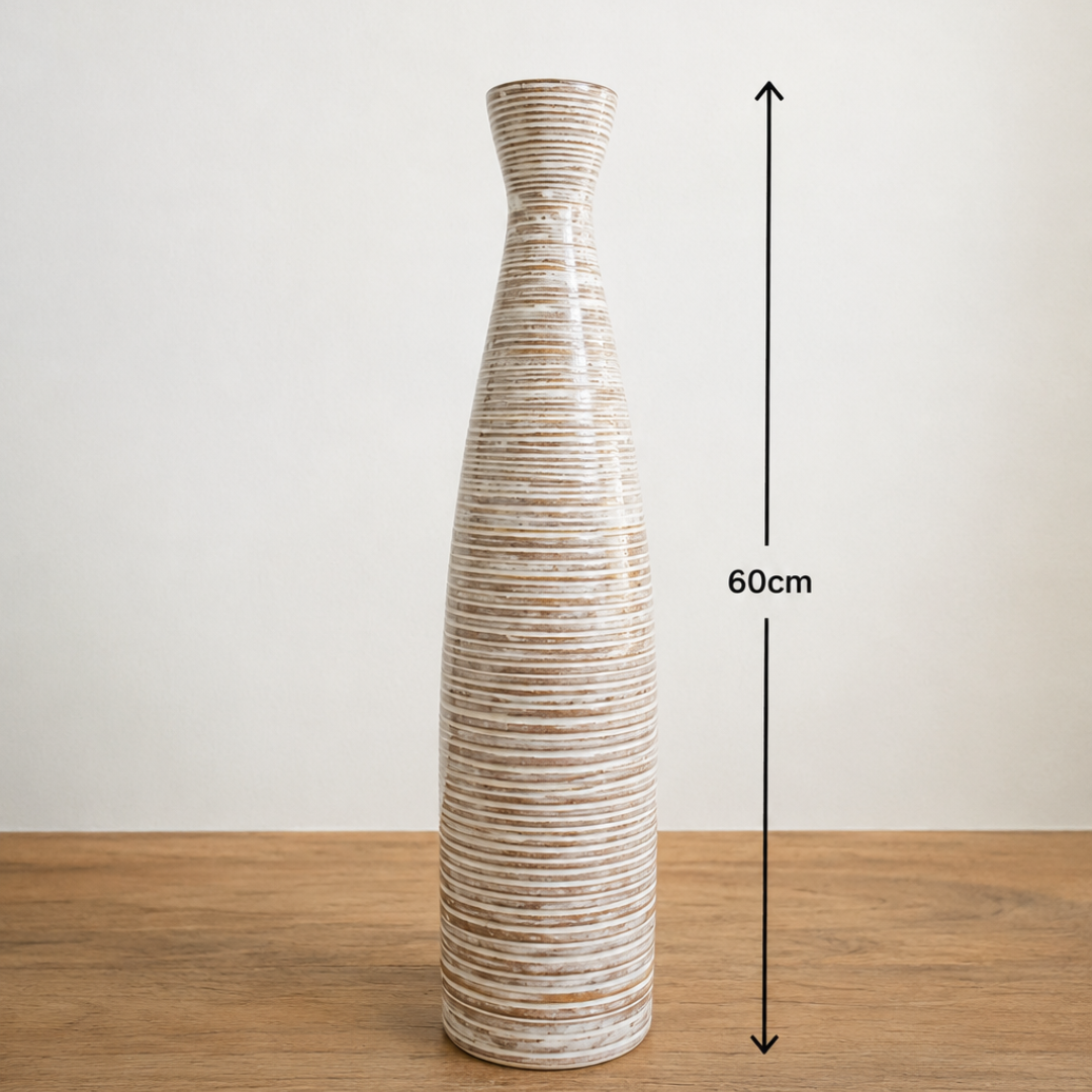 Tall slender cylinder style vase with whitewashed ribbed finish, 60cm height, styled on timber surface against white background