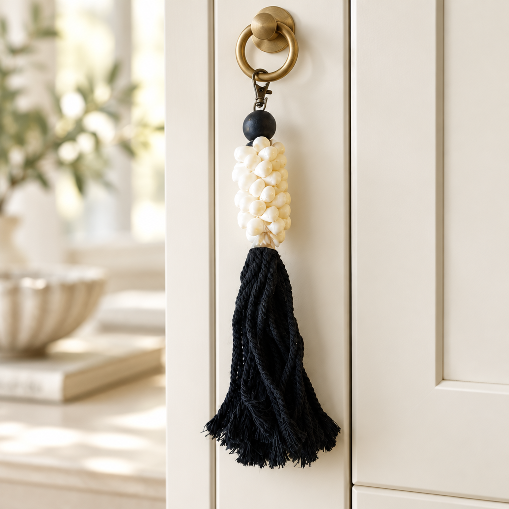 Black on cupboard ring: Black cotton strands hanging from a brass ring pull on a pale cupboard door.