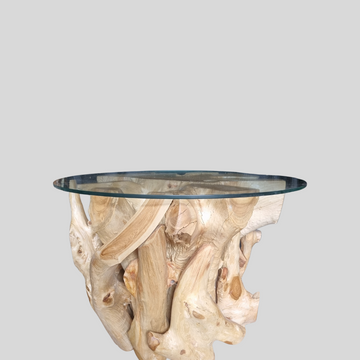 Rootwood Coffee Table with glass top slighly gray backdrop