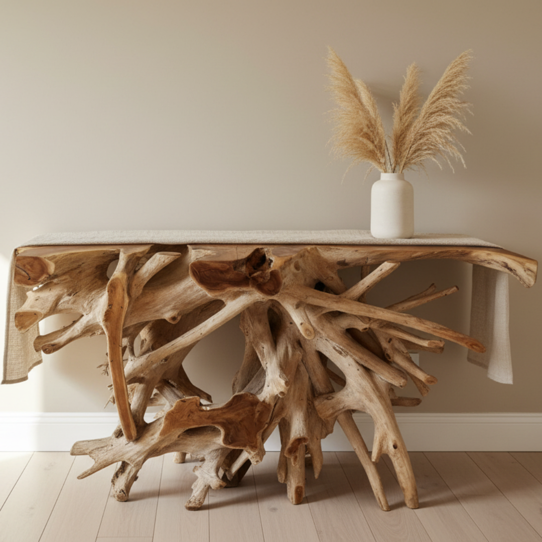 Teak root wood console table styled in a coastal boho living space with pampas grass in a white vase – handcrafted Balinese natural wood furniture by Azure Decor