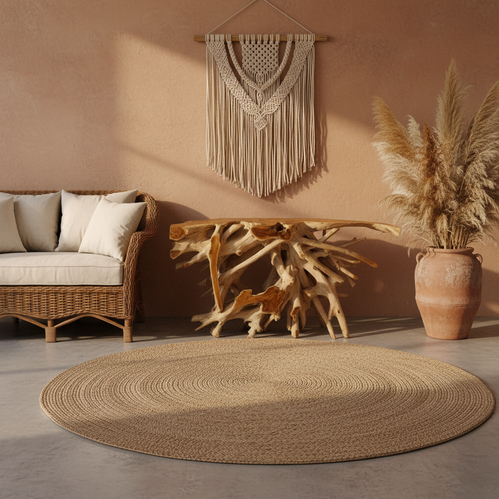 Teak root wood console table styled in a warm boho living room — sculptural branching root base, natural live-edge teak top, macramé wall hanging above, large terracotta pot with dried pampas grass, rattan sofa with cream cushions, jute rug, sandy terracotta tones and warm ambient light