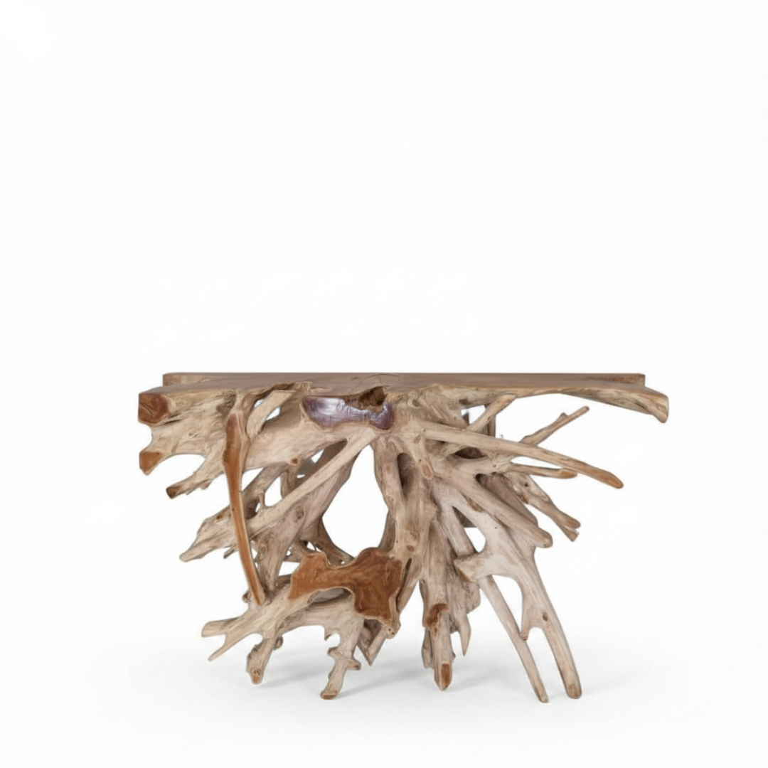 Teak root wood console table — front-facing view, sculptural whitewash branching root base, natural live-edge solid teak wood top, white background, 120cm