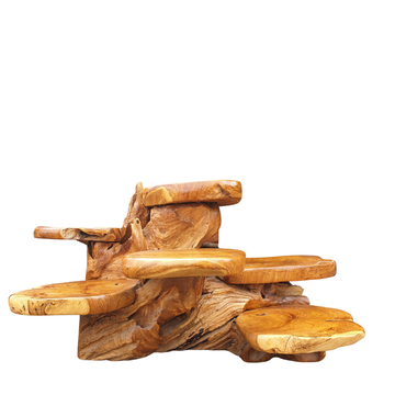 A rustic multi-tier wooden shelf stand made from natural tree roots and branches, featuring several flat, rounded wooden platforms at different heights, isolated on a white background.