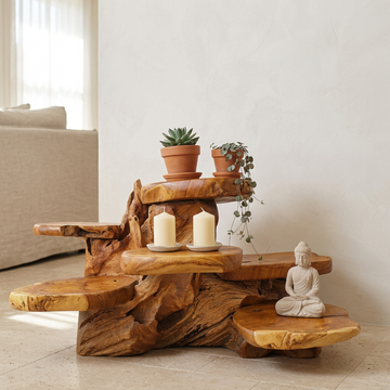 Teak display stand style with plants candles and a small buddha in a living room style 2