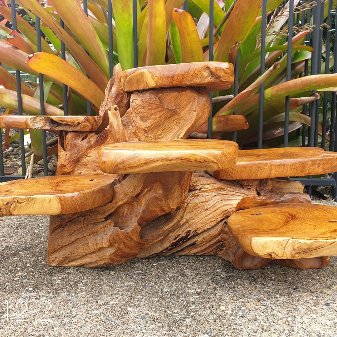 wooden display table made from large tree trunks with plants in the background