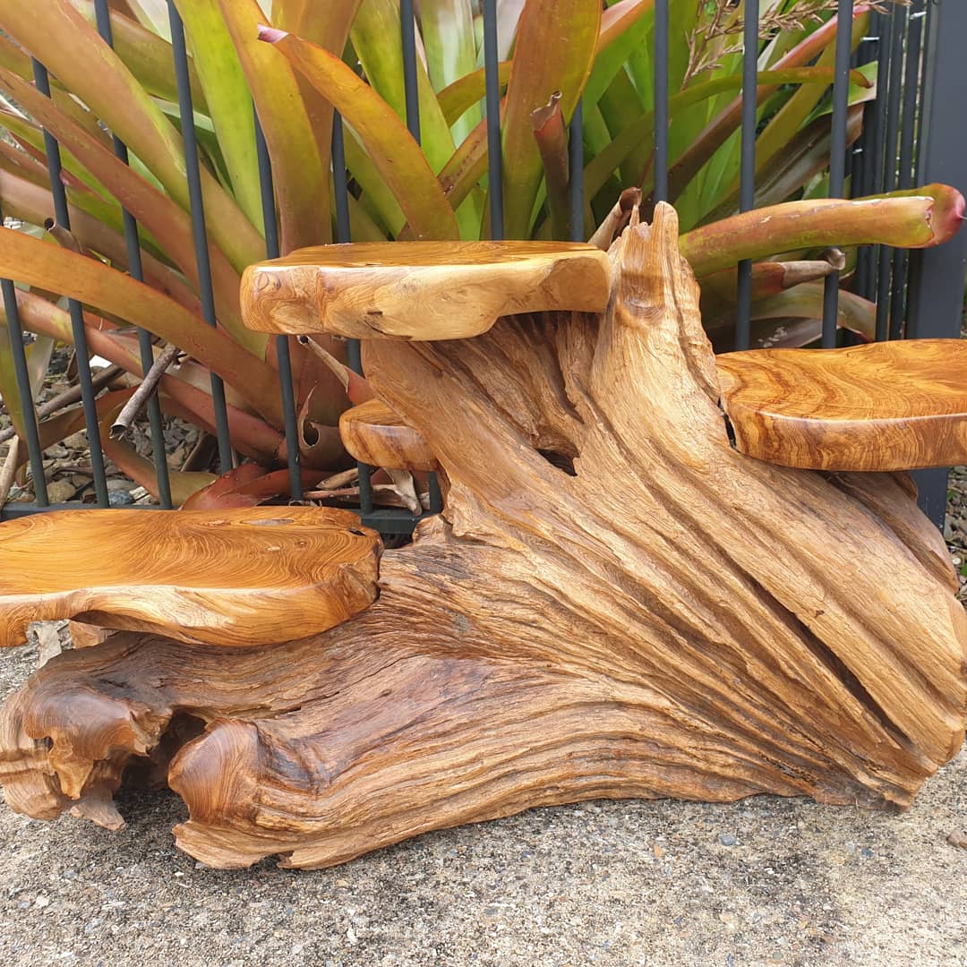 Wooden table with natural edge design in front of plants back view