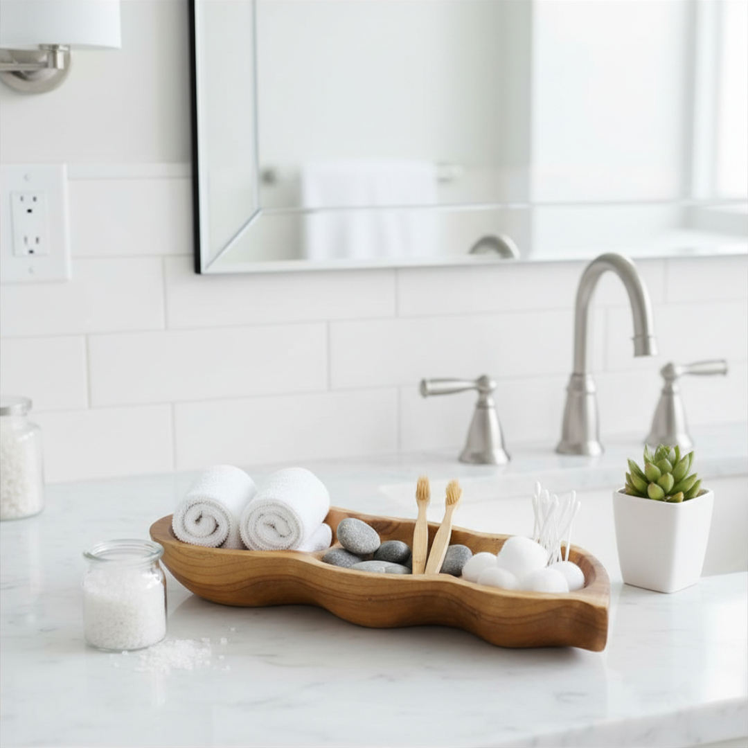 Bathroom counter with toothbrushes and pebbles: "Wooden divided tray on a white marble bathroom counter holding rolled towels, pebbles and bamboo toothbrushes