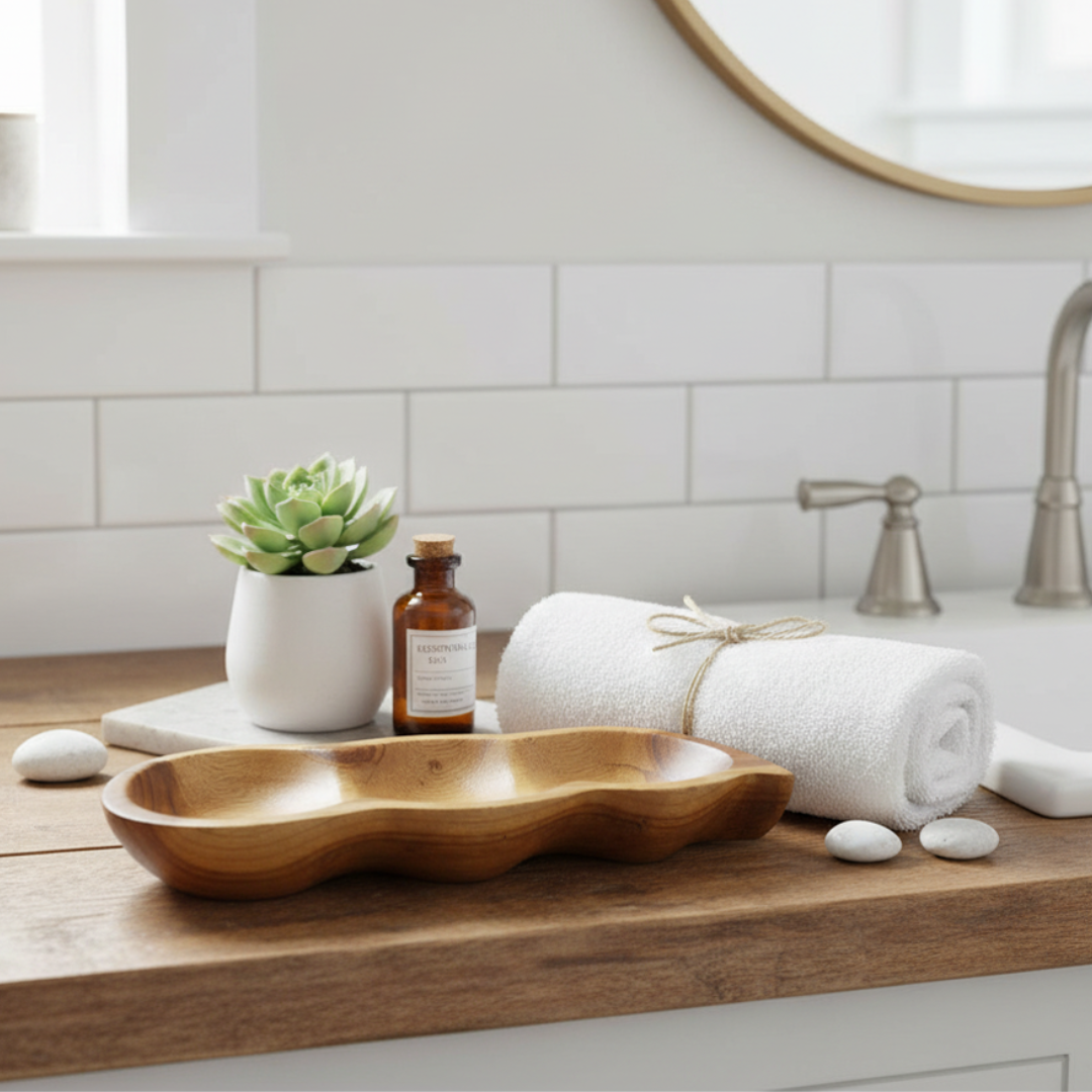 Bathroom vanity close-up with succulent and towel: "Teak Wood Serving Tray Pod on a timber bathroom vanity with a white succulent pot and rolled towel