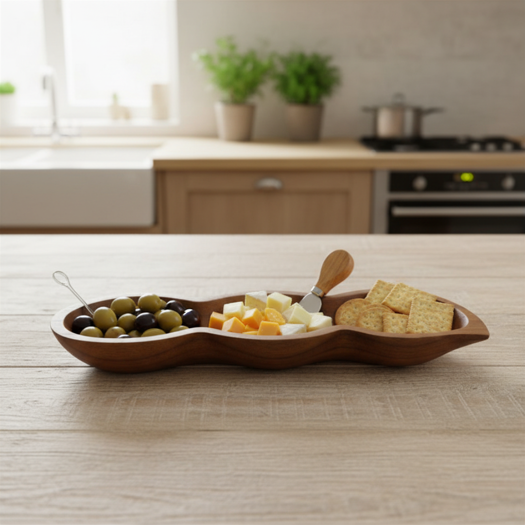 Wooden charcuterie board with olives, cheese, and crackers on a kitchen counter.
