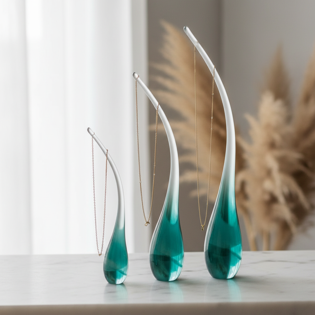 Three teardrop glass jewellery holders in small, medium and large with gold chain necklaces draped over the stems