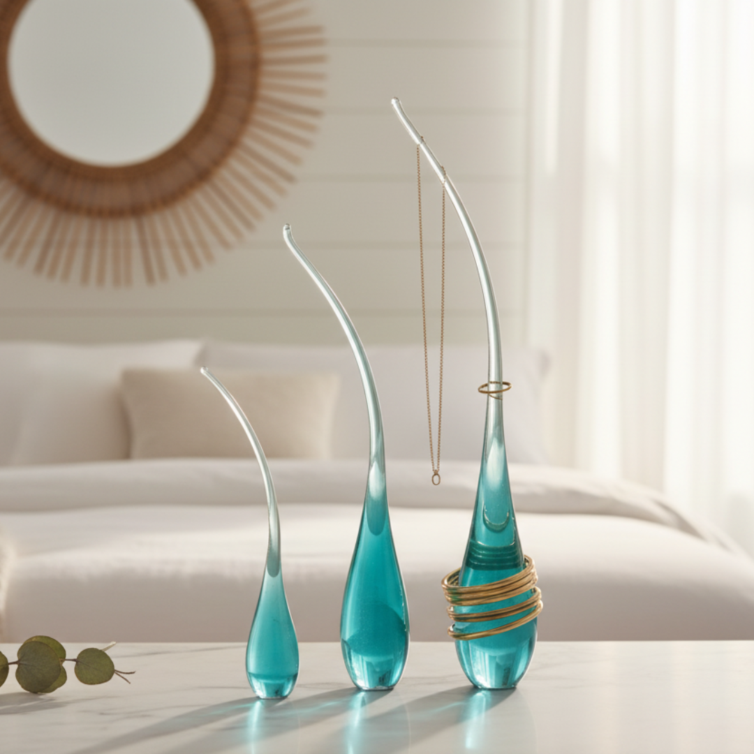 Three aqua teal glass sculptures in small, medium and large displayed on a white marble surface in a coastal bedroom with a rattan sunburst mirror, white linen and eucalyptus