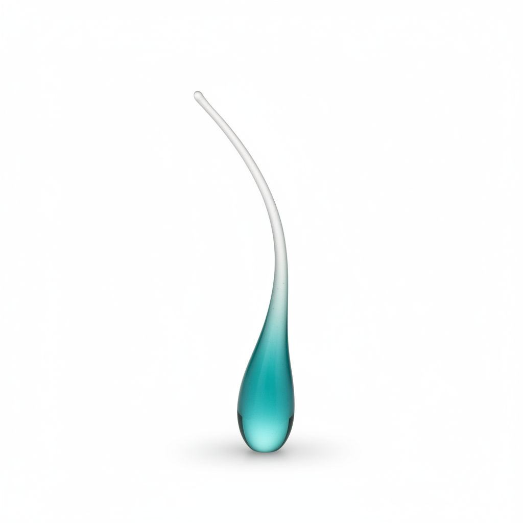 Medium teal glass teardrop sculpture with frosted curved stem on a white background, 15cm tall