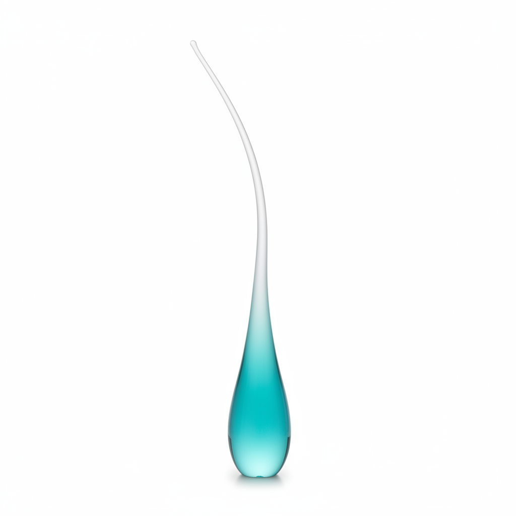 Large teal glass teardrop sculpture with frosted curved stem on a white background, 30cm tall