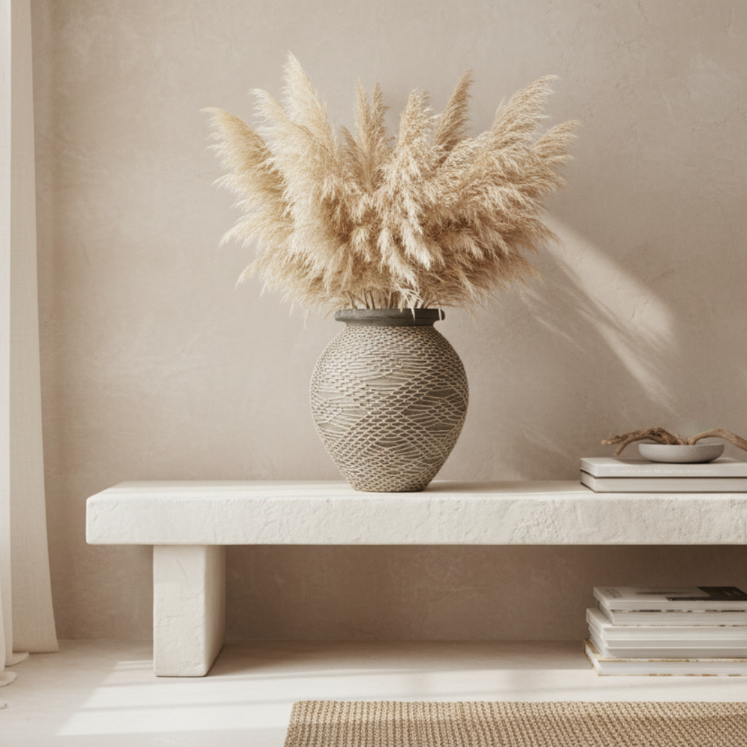 Round woven-texture vase with white pampas grass on a white plaster bench in a minimal neutral interior