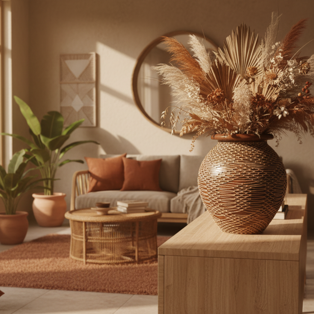Round rope-textured terracotta-brown vase filled with dried botanicals on a timber sideboard in a warm boho living room