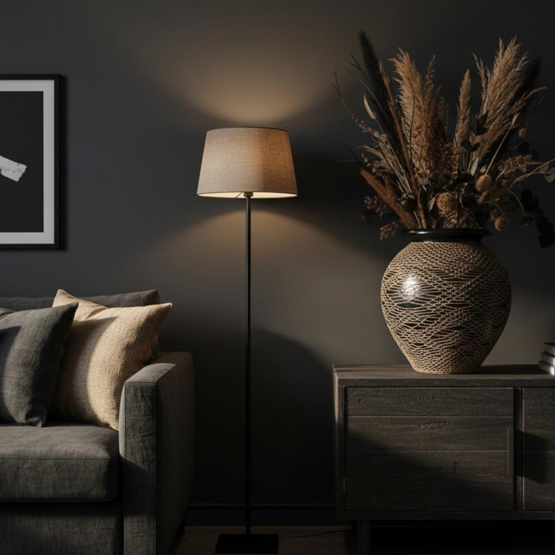 Round rope-textured black vase holding dried pampas and botanicals on a dark timber sideboard beside a floor lamp black pot