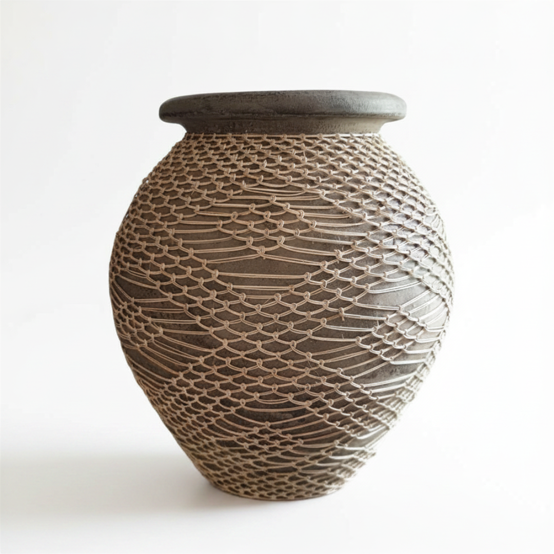 Globe-shaped taupe vase with knotted natural rope net wrap and matte on a white background with soft drop shadow