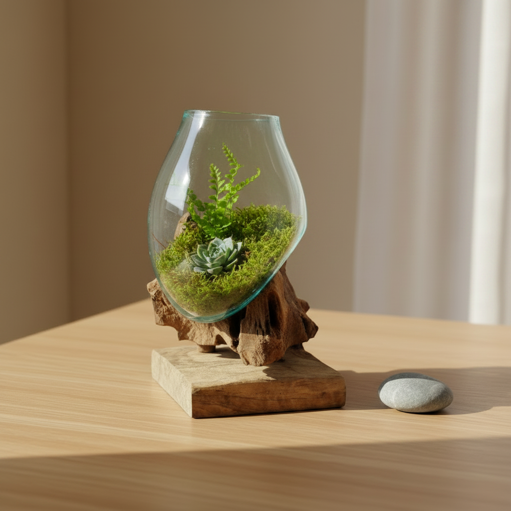 Glass terrarium with plants on a wooden base on a table