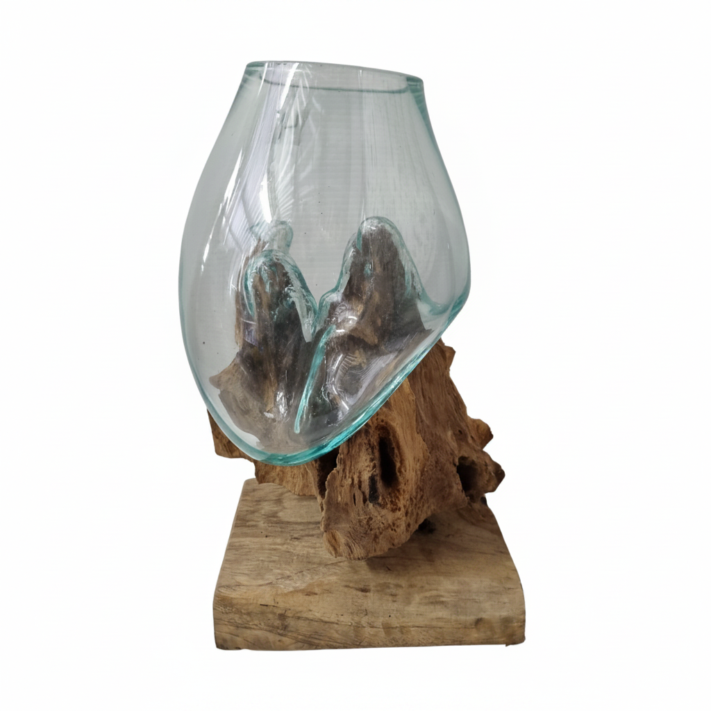 Terrarium glass on drift wood with aqua-tinted handblown vessel on natural driftwood root base, white background