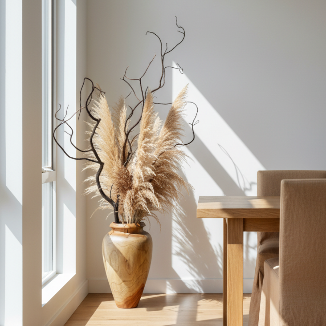  Filled with dried pampas grass and sculptural twisted branches styled in a bright dining room corner beside a timber table and large windows