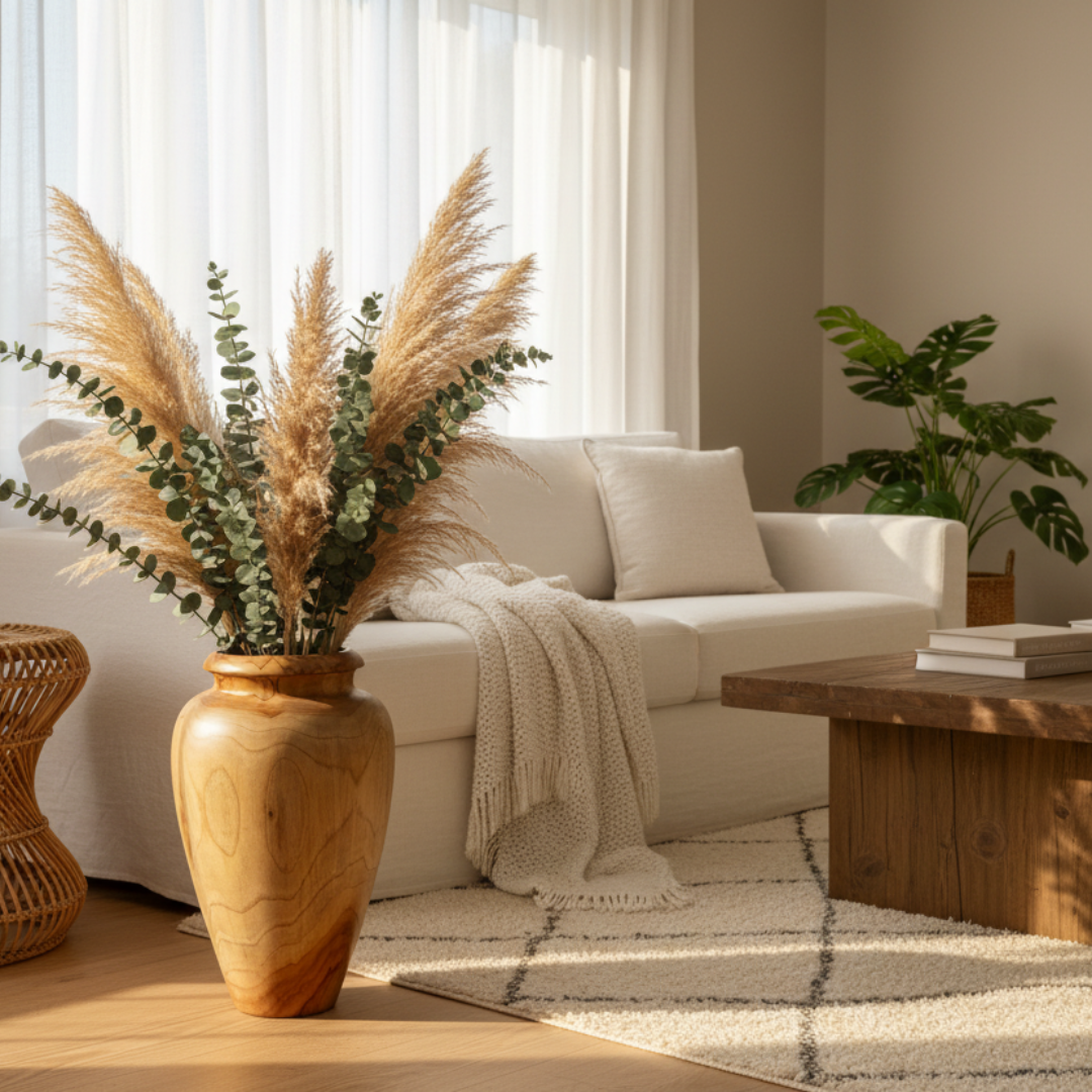 Large wooden urn vase filled with dried pampas grass and eucalyptus stems styled on a timber floor in a bright coastal living room with a white linen sofa and rattan side table