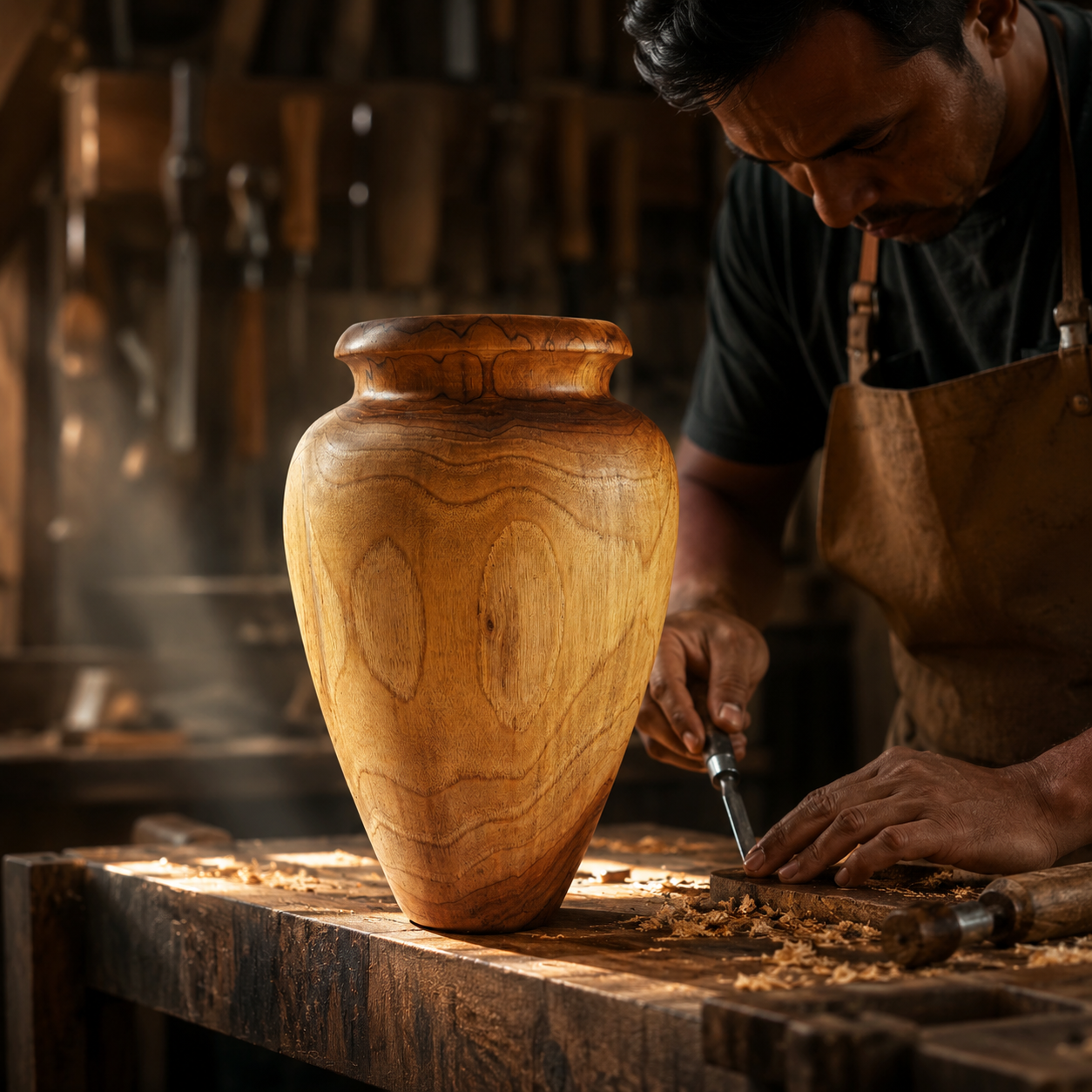 Woodworker crafting a wooden vase in a workshop.
