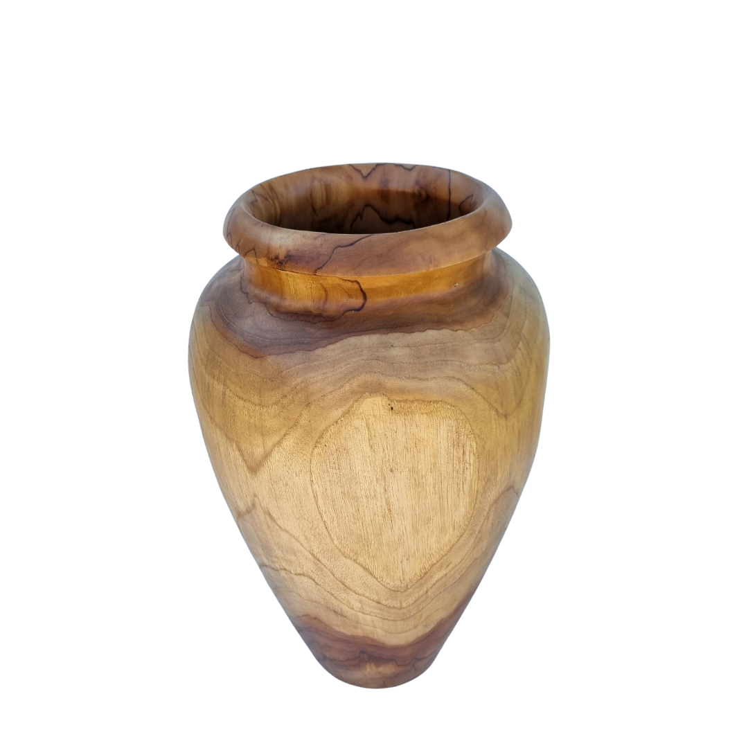 Hand-carved wooden urn vase showing rich dark teak grain and open rolled rim detail, angled view on white background