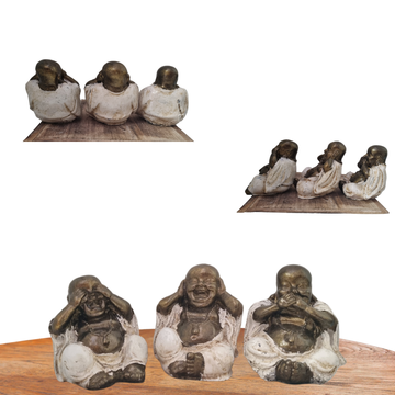 Set of four laughing Buddha statues on a wooden surface with a white background.