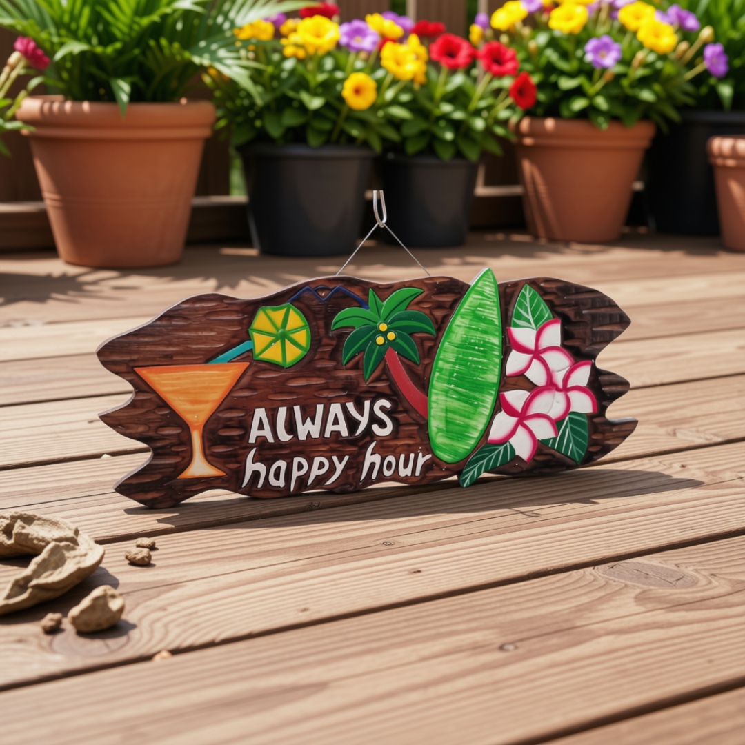 A decorative wooden hanging sign with tropical illustrations and the words “ALWAYS happy hour,” displayed on a wooden deck with potted flowers in the background.