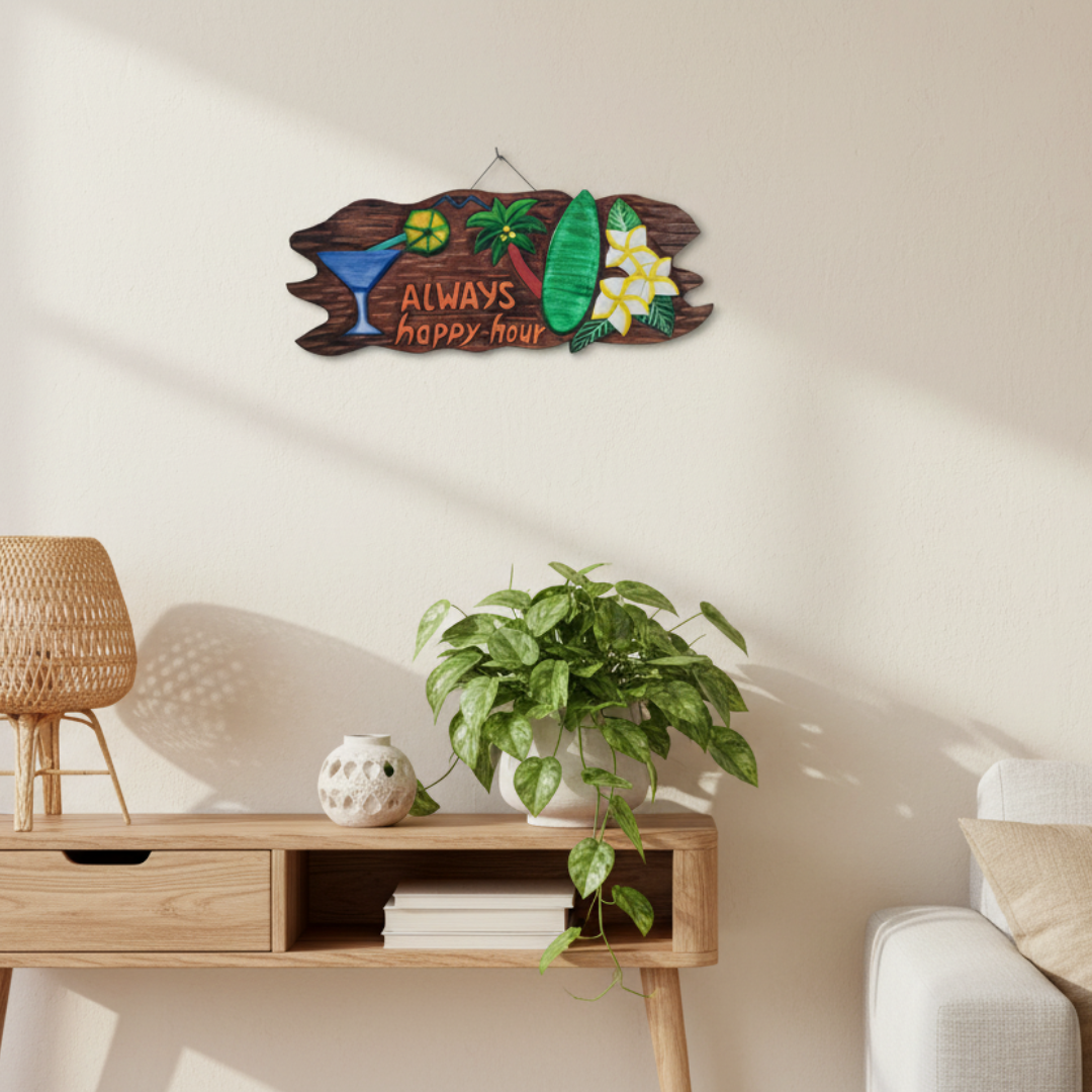 Hand-painted timber happy hour sign styled above a timber console in a coastal living room