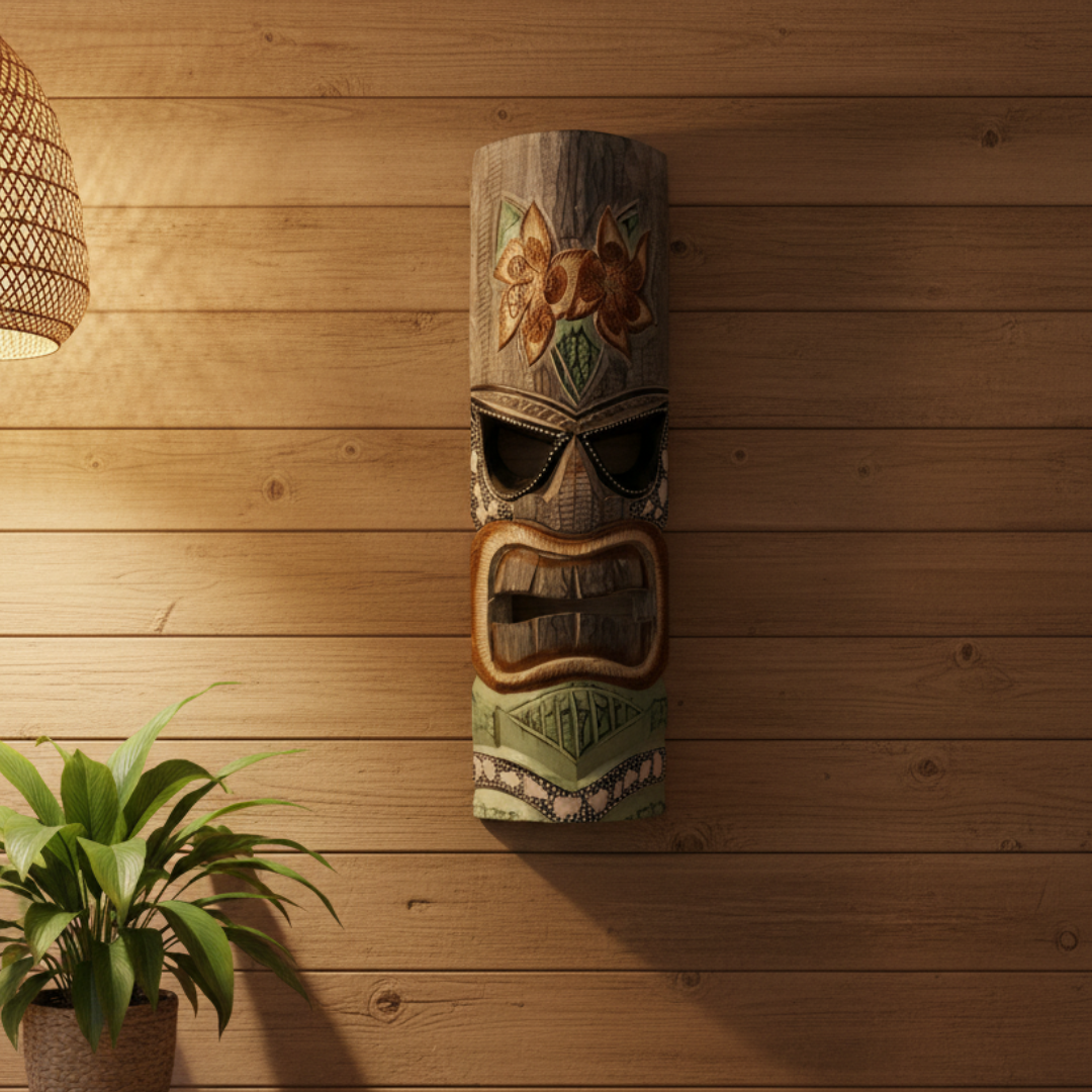 Single hand-carved wooden mask with a flower motif at the top, bold angular eye carvings, open rectangular mouth, and natural shell grit accents at the base.