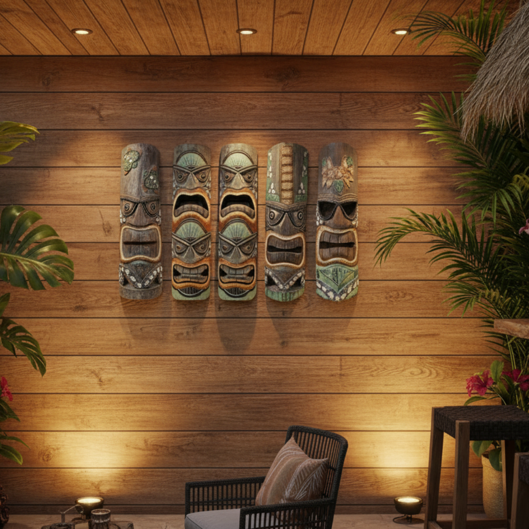 Four hand-carved tiki bar mask wall art pieces displayed side by side on a white background, showing varied Polynesian facial carvings, shell grit detailing, and weathered grey, brown, and sage green tones.