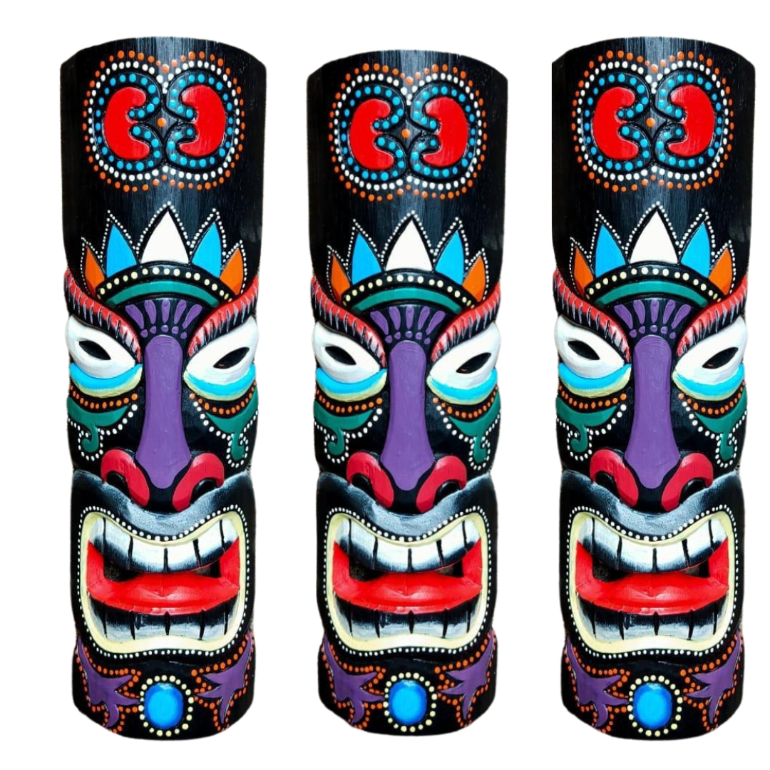 Set of three matching black wooden masks with dot-painted faces, purple features and turquoise gem accents