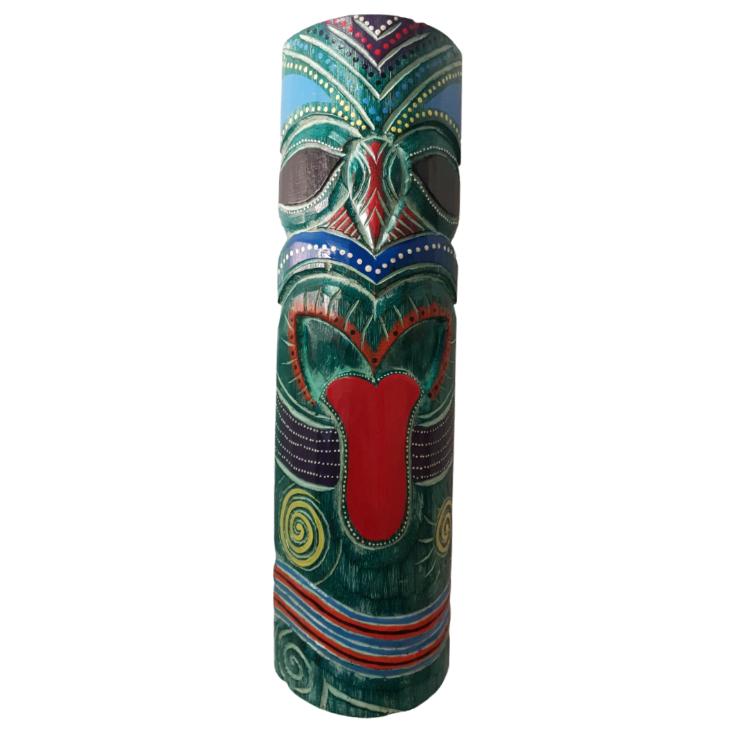 Colourful hand-carved tiki mask wall art in red, yellow and blue painted finish on reclaimed timber