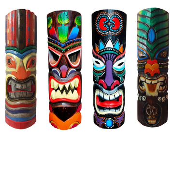 Four carved wooden decor side by side showing different colour variations — red, dark brown, black and green